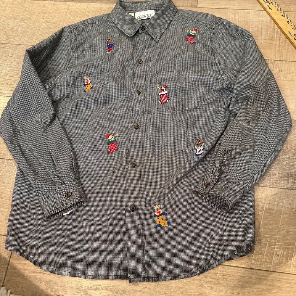 CASEY & MAX WOMENS BLACK AND WHITE CHRISTMAS BEAR EMBROIDERED BUTTON SHIRT LARGE